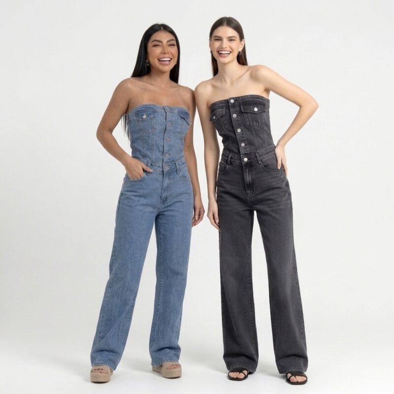 Macacão Jeans Feminino Sem Mangas