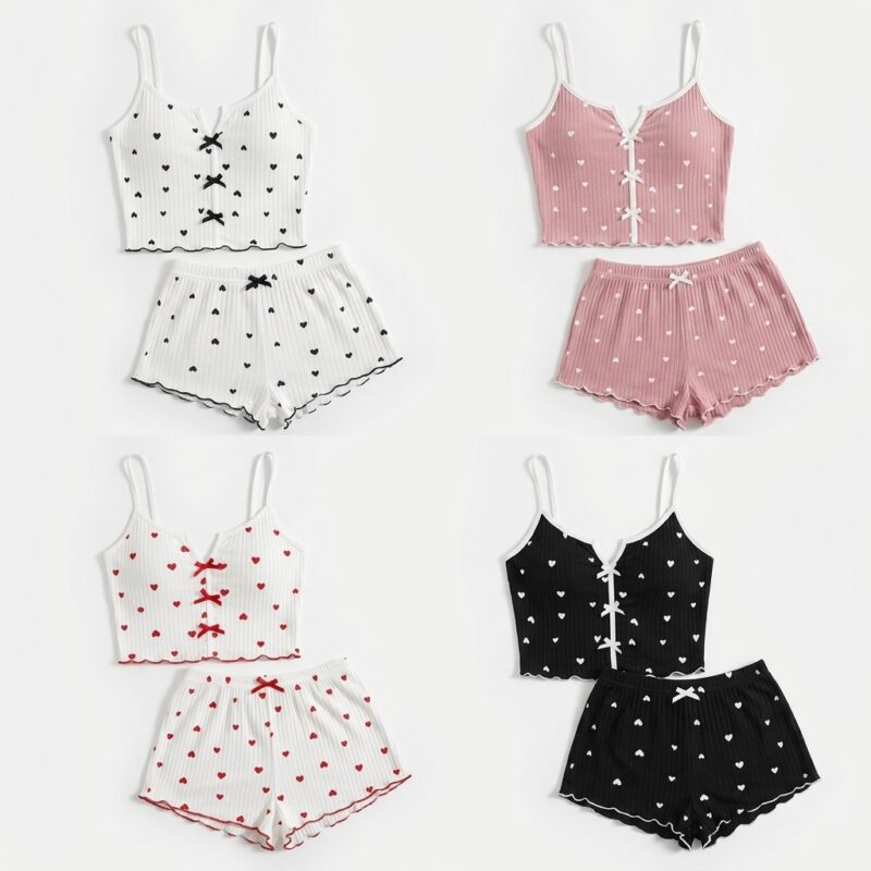 Pijama Feminino de Cetim Regata e Short Corações