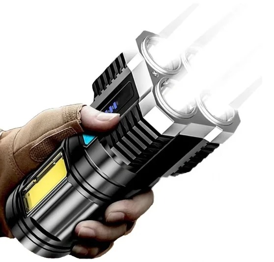 Lanterna LED Recarregável USB 4 LEDs Potente e Resistente à Água